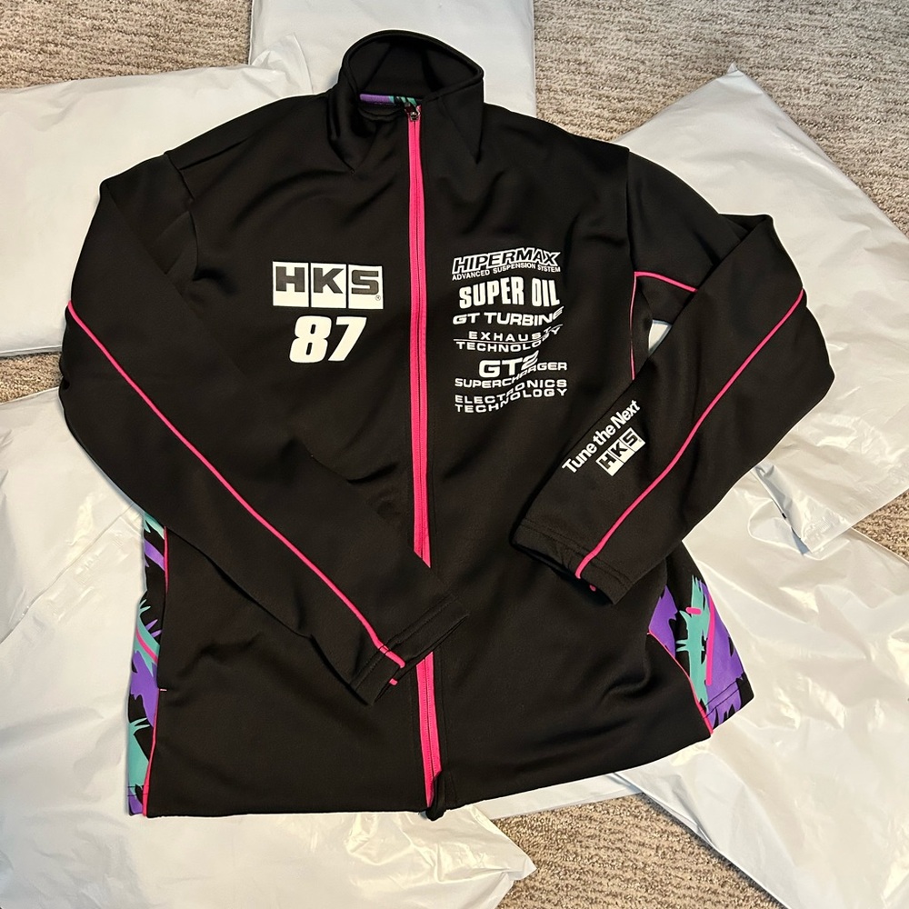 Men's Black Zip-Up Track Jacket with Pink Accents